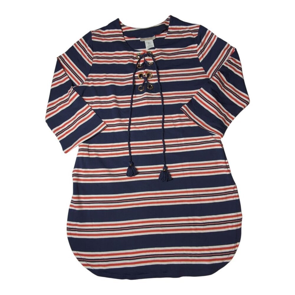 La‎ Blanca Sailor Stripe Lace-Up Tunic Dress Womens M Navy Red White
